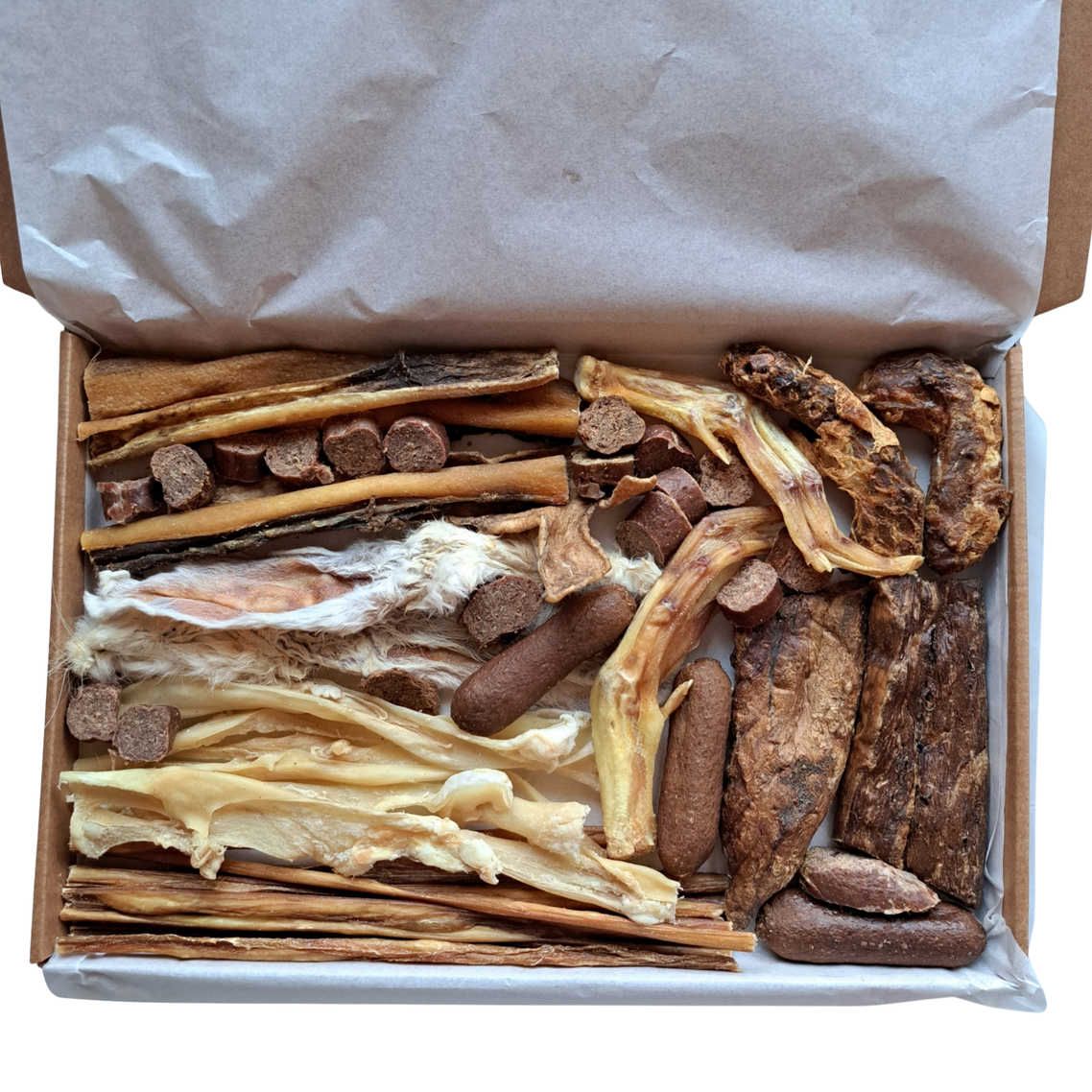 a box of natural dog treats displayed for letterbox delivery